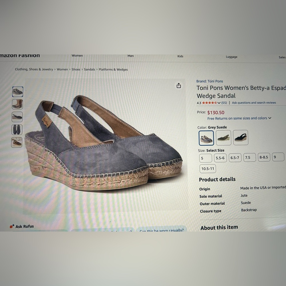 Toni Pons Women's Grey Espadrille Wedge size 7.5 - NIB